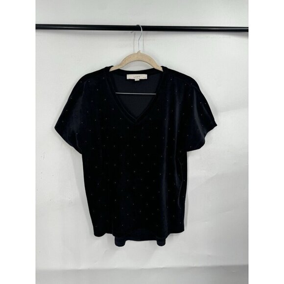 Loft Top Women XXS Petite Black Velour Whimsigoth Retro Embellished Short Sleeve - Picture 1 of 8